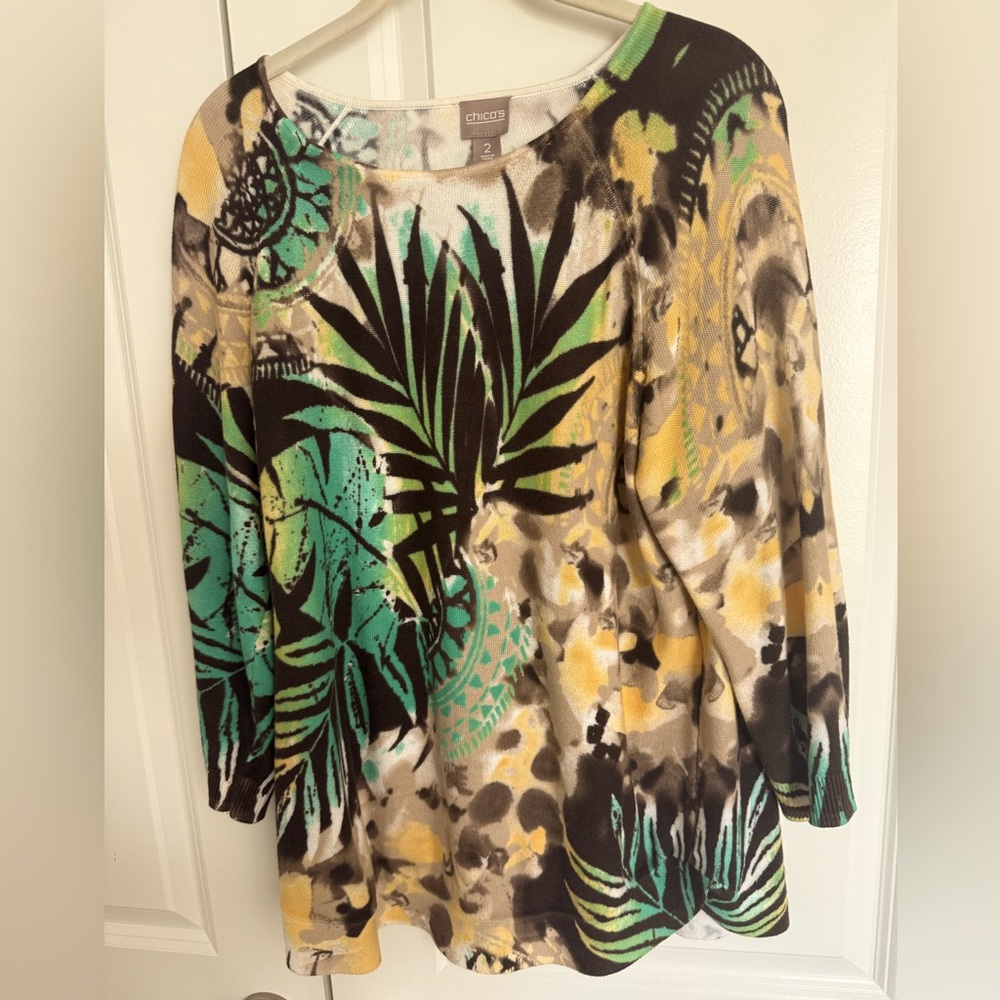 Chico's Vibrant Green and Yellow Tropical Sweater